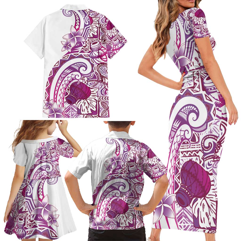 Aloha Hawaii Tapa Family Matching Short Sleeve Bodycon Dress and Hawaiian Shirt Vibrant Fuchsia Hawaiian Ipu LT7 - Polynesian Pride
