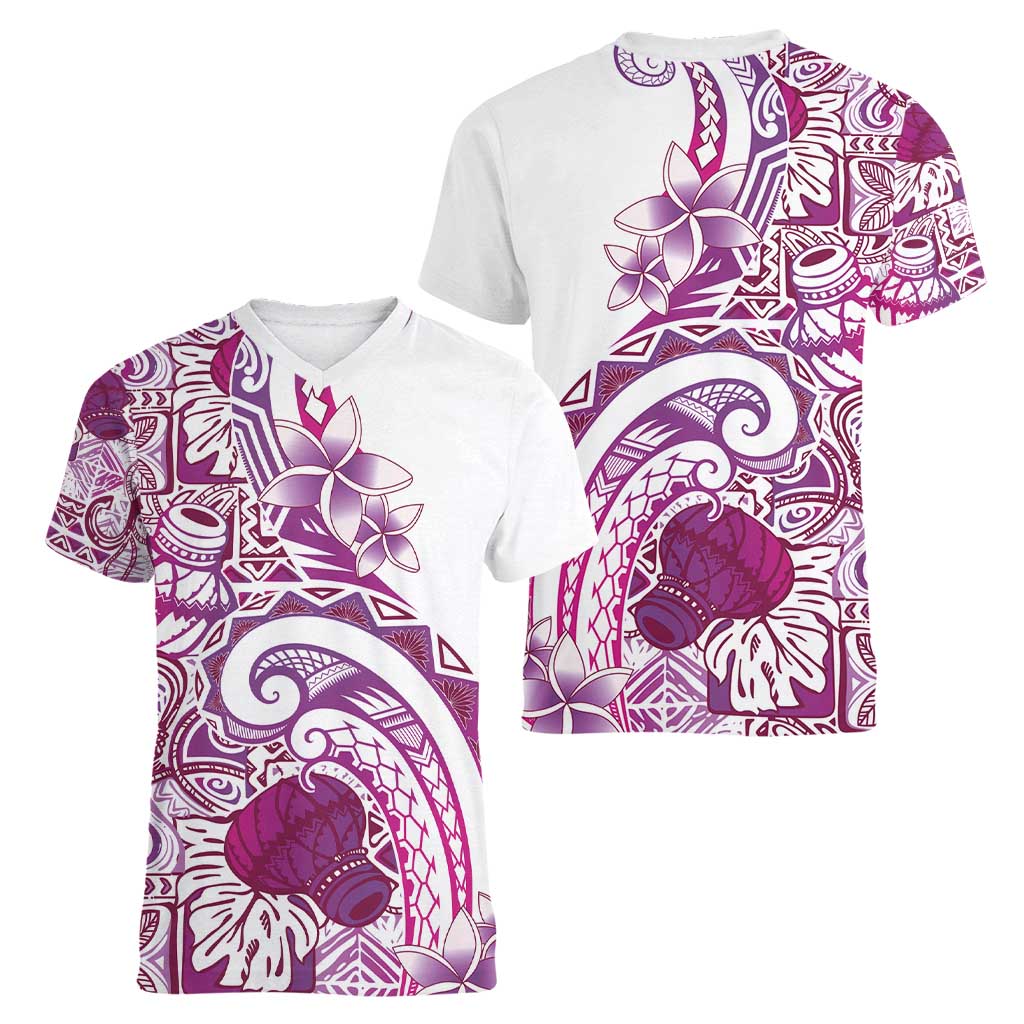 Aloha Hawaii Tapa Women V-Neck T-Shirt Vibrant Fuchsia Hawaiian Ipu - Polynesian Pride