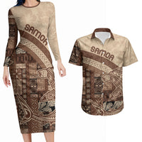 Samoa Mamanu Siapo Mocha Couples Matching Long Sleeve Bodycon Dress and Hawaiian Shirt Tatau Malie