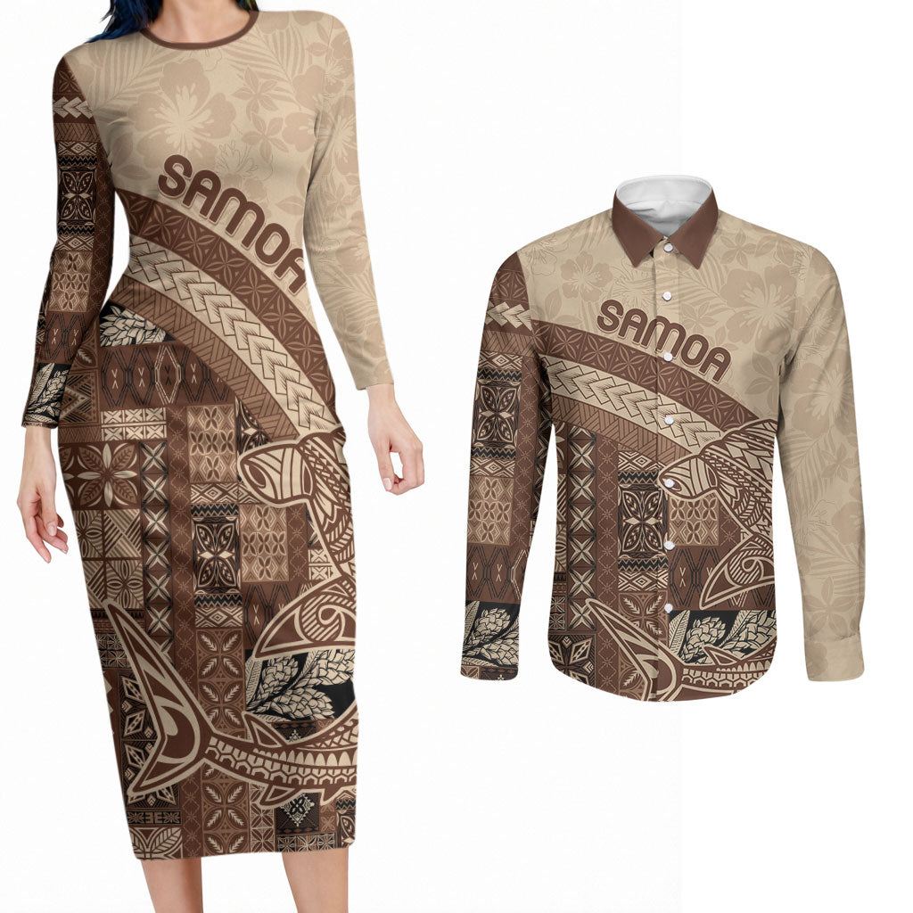 Samoa Mamanu Siapo Mocha Couples Matching Long Sleeve Bodycon Dress and Long Sleeve Button Shirt Tatau Malie