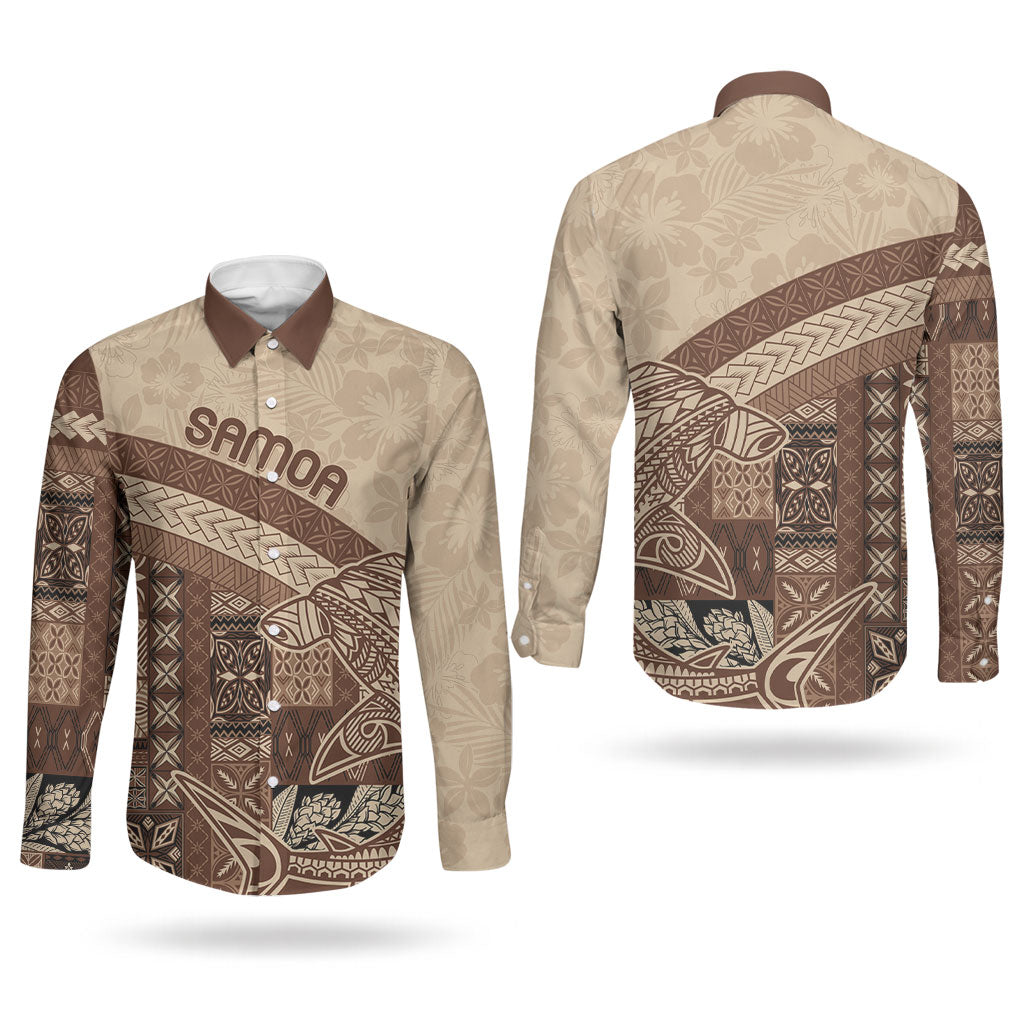 Samoa Mamanu Siapo Mocha Couples Matching Long Sleeve Bodycon Dress and Long Sleeve Button Shirt Tatau Malie