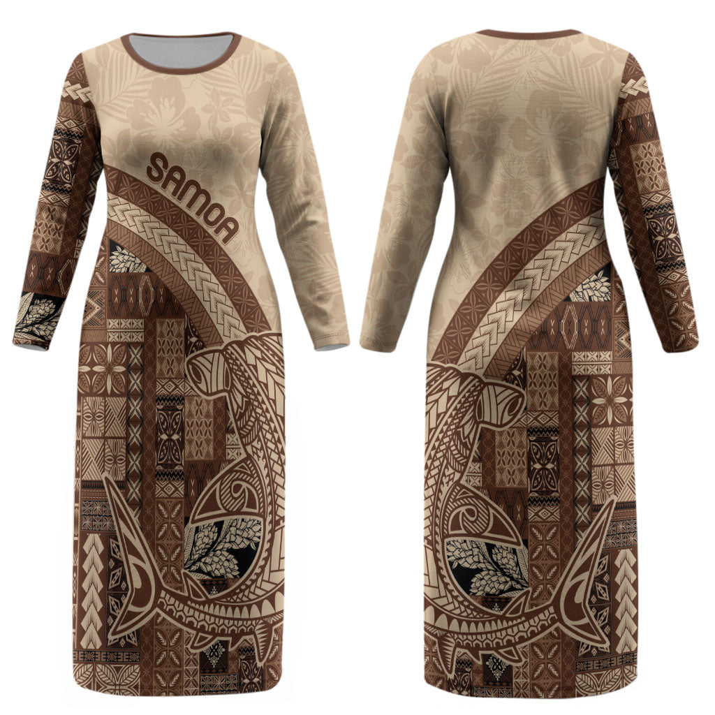 Samoa Mamanu Siapo Mocha Couples Matching Long Sleeve Bodycon Dress and Long Sleeve Button Shirt Tatau Malie