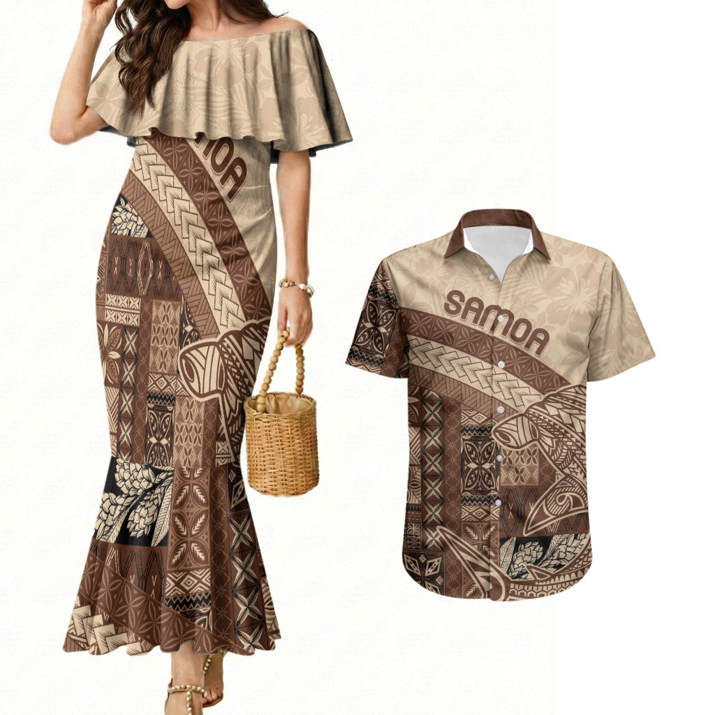 Samoa Mamanu Siapo Mocha Couples Matching Mermaid Dress and Hawaiian Shirt Tatau Malie LT7 Beige - Polynesian Pride