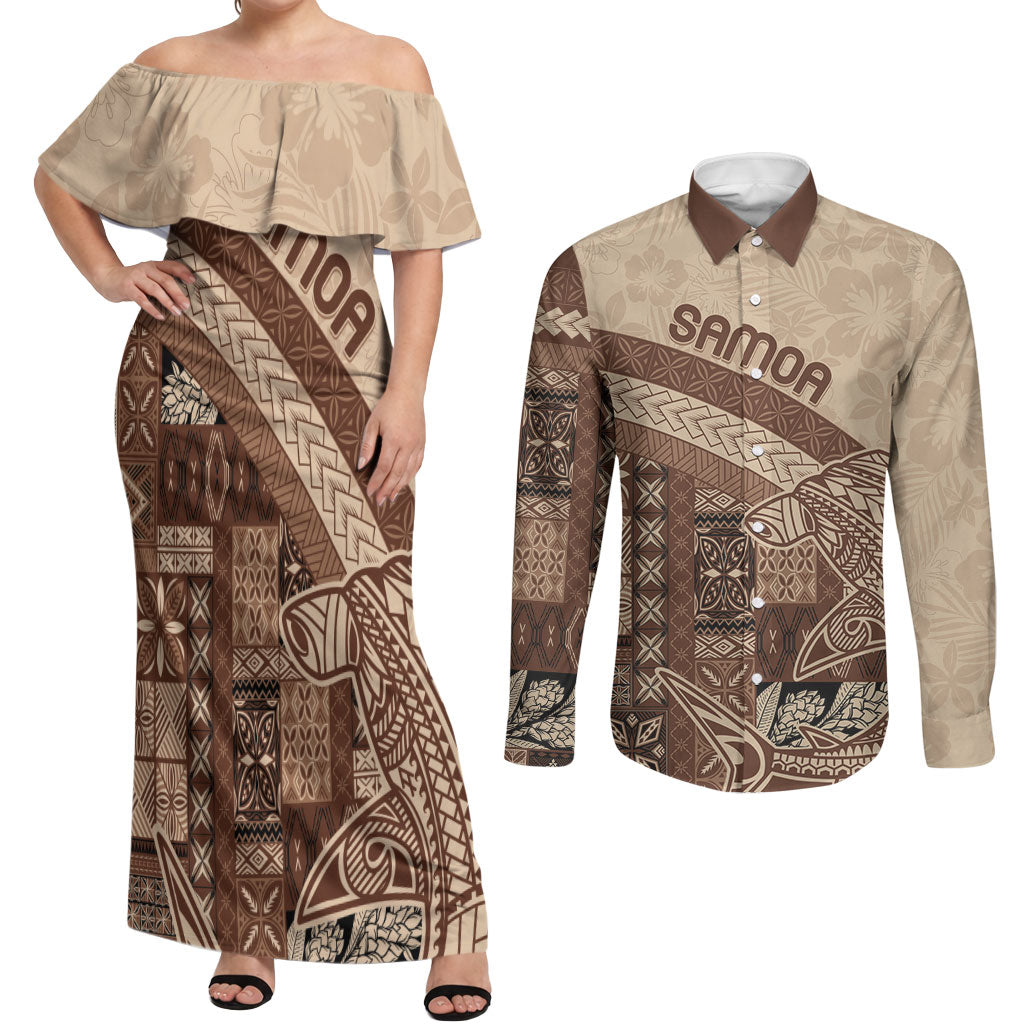 Samoa Mamanu Siapo Mocha Couples Matching Off Shoulder Maxi Dress and Long Sleeve Button Shirt Tatau Malie LT7 Beige - Polynesian Pride