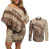 Samoa Mamanu Siapo Mocha Couples Matching Off Shoulder Short Dress and Long Sleeve Button Shirt Tatau Malie