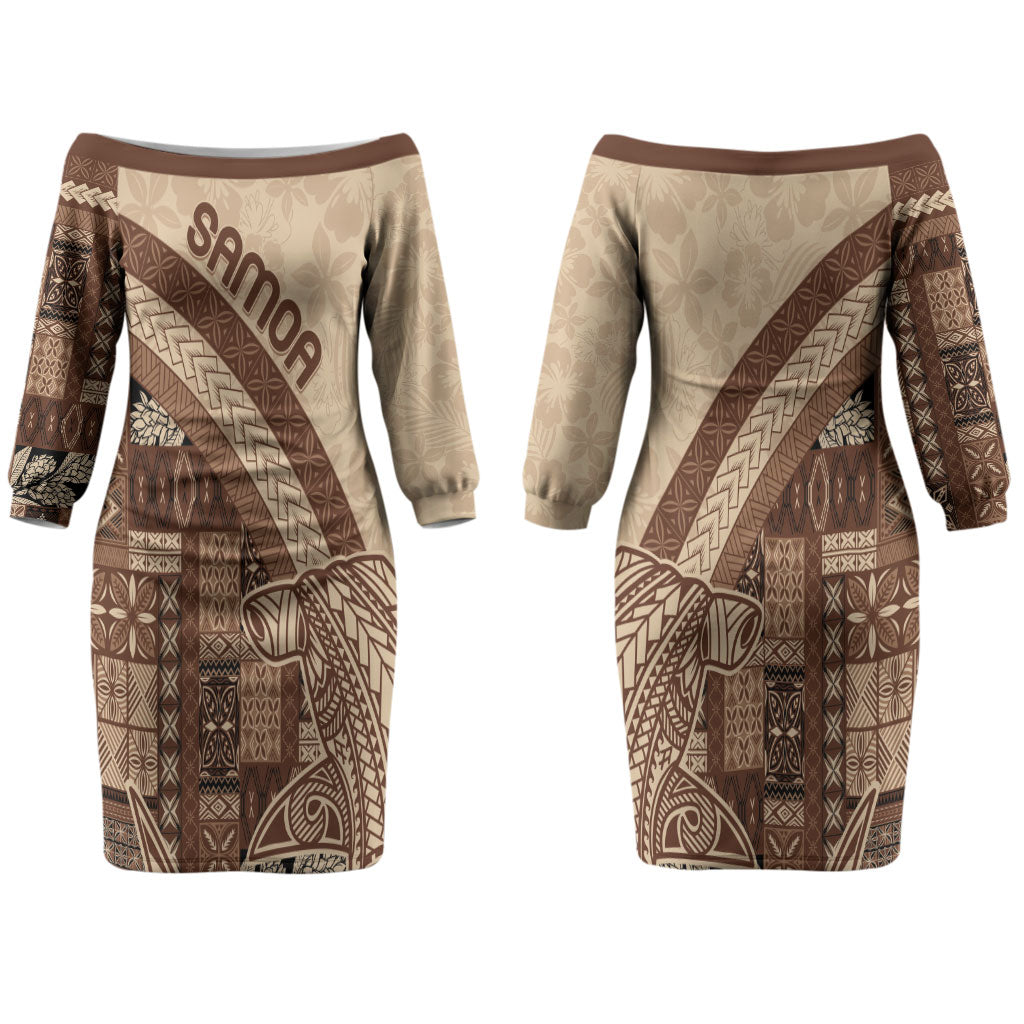 Samoa Mamanu Siapo Mocha Couples Matching Off The Shoulder Long Sleeve Dress and Long Sleeve Button Shirt Tatau Malie