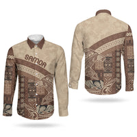 Samoa Mamanu Siapo Mocha Couples Matching Puletasi and Long Sleeve Button Shirt Tatau Malie