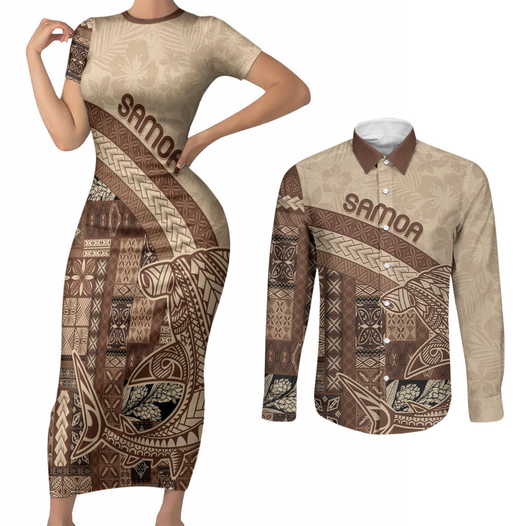 Samoa Mamanu Siapo Mocha Couples Matching Short Sleeve Bodycon Dress and Long Sleeve Button Shirt Tatau Malie LT7 Beige - Polynesian Pride