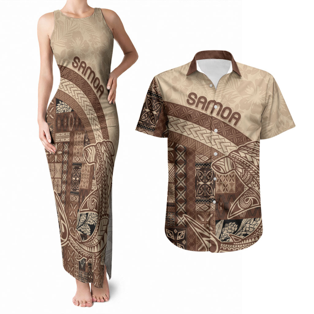 Samoa Mamanu Siapo Mocha Couples Matching Tank Maxi Dress and Hawaiian Shirt Tatau Malie