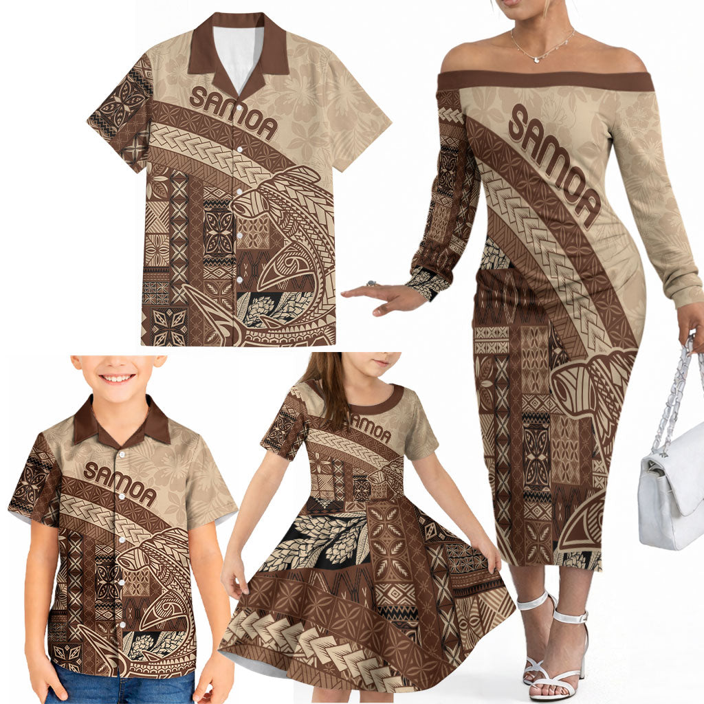 Samoa Mamanu Siapo Mocha Family Matching Off The Shoulder Long Sleeve Dress and Hawaiian Shirt Tatau Malie LT7 - Polynesian Pride