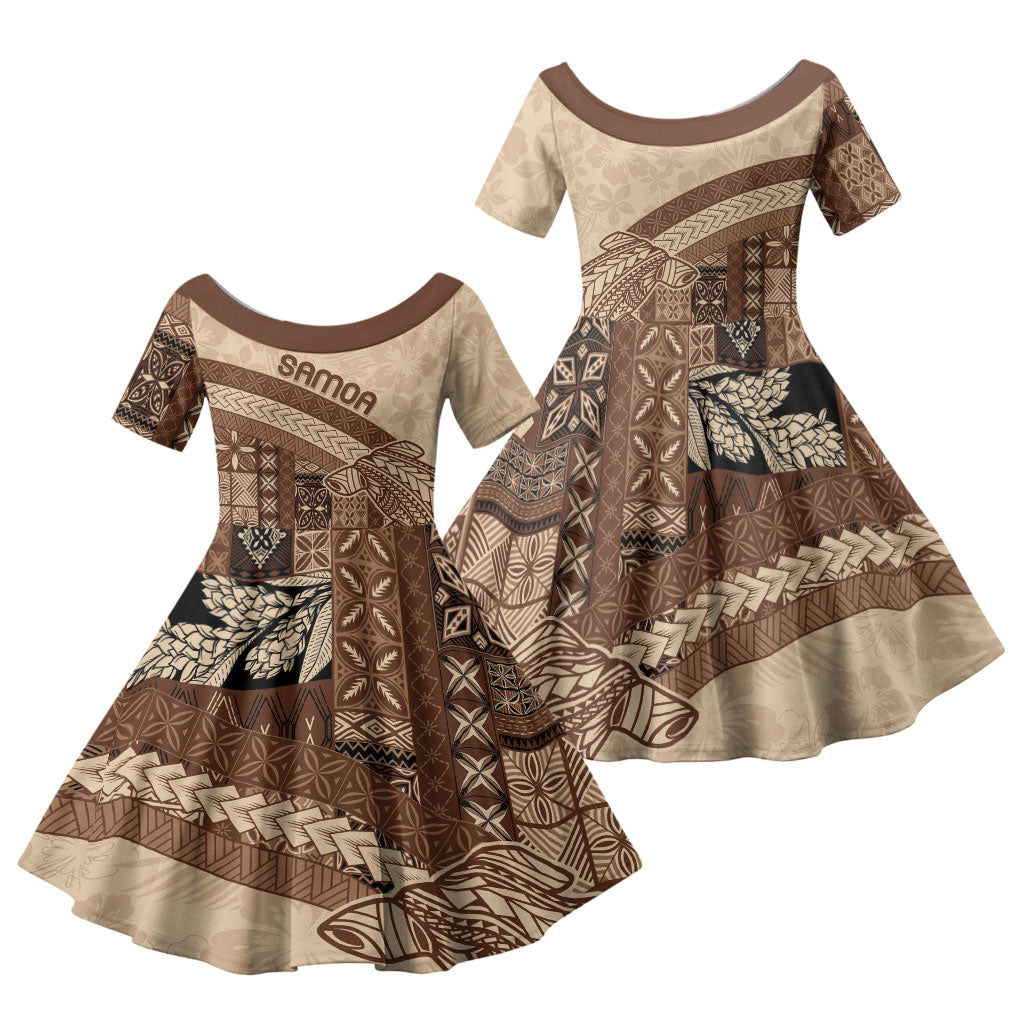 Samoa Mamanu Siapo Mocha Family Matching Off The Shoulder Long Sleeve Dress and Hawaiian Shirt Tatau Malie