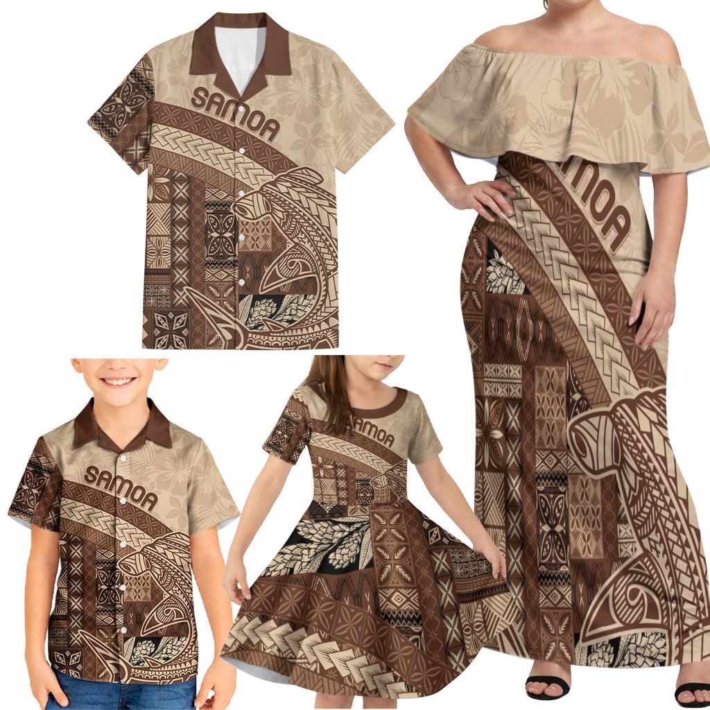 Samoa Mamanu Siapo Mocha Family Matching Off Shoulder Maxi Dress and Hawaiian Shirt Tatau Malie LT7 - Polynesian Pride