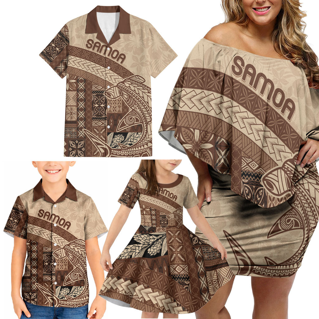 Samoa Mamanu Siapo Mocha Family Matching Off Shoulder Short Dress and Hawaiian Shirt Tatau Malie LT7 - Polynesian Pride