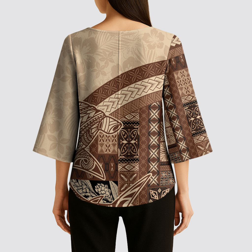 Samoa Mamanu Siapo Mocha Kimono Sleeve Blouse Tatau Malie