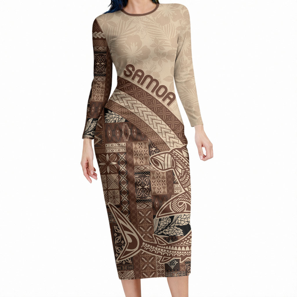 Samoa Mamanu Siapo Mocha Long Sleeve Bodycon Dress Tatau Malie