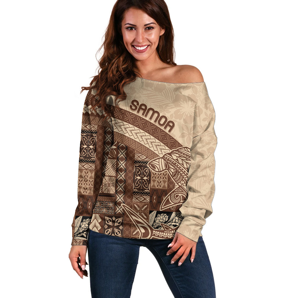 Samoa Mamanu Siapo Mocha Off Shoulder Sweater Tatau Malie LT7 Women Beige - Polynesian Pride