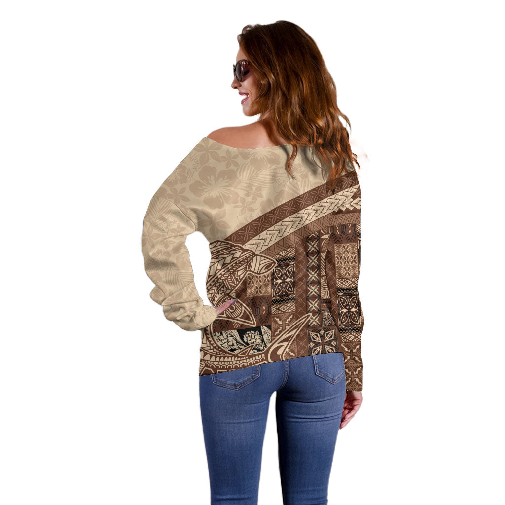 Samoa Mamanu Siapo Mocha Off Shoulder Sweater Tatau Malie