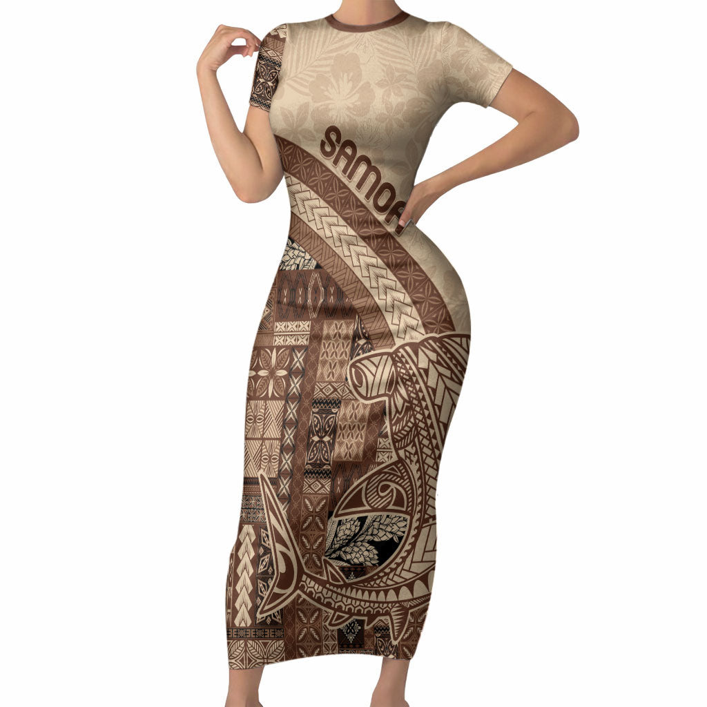 Samoa Mamanu Siapo Mocha Short Sleeve Bodycon Dress Tatau Malie