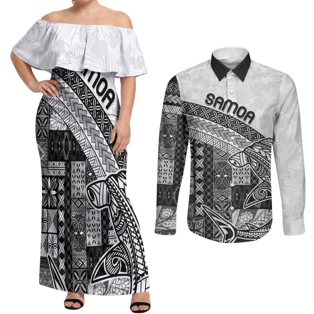 Samoa Mamanu Siapo Classic Black Couples Matching Off Shoulder Maxi Dress and Long Sleeve Button Shirt Tatau Malie LT7 Black - Polynesian Pride