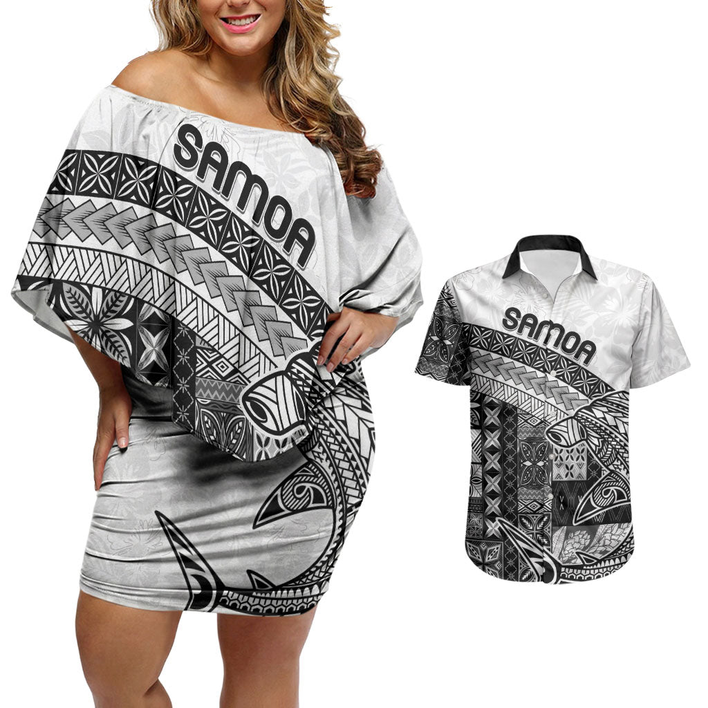Samoa Mamanu Siapo Classic Black Couples Matching Off Shoulder Short Dress and Hawaiian Shirt Tatau Malie LT7 Black - Polynesian Pride