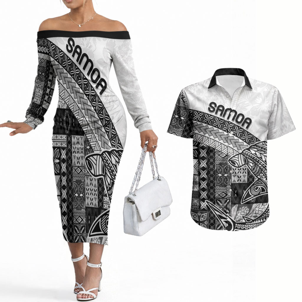 Samoa Mamanu Siapo Classic Black Couples Matching Off The Shoulder Long Sleeve Dress and Hawaiian Shirt Tatau Malie LT7 Black - Polynesian Pride