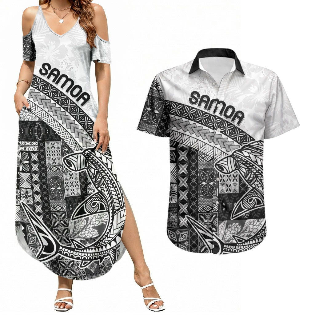 Samoa Mamanu Siapo Classic Black Couples Matching Summer Maxi Dress and Hawaiian Shirt Tatau Malie
