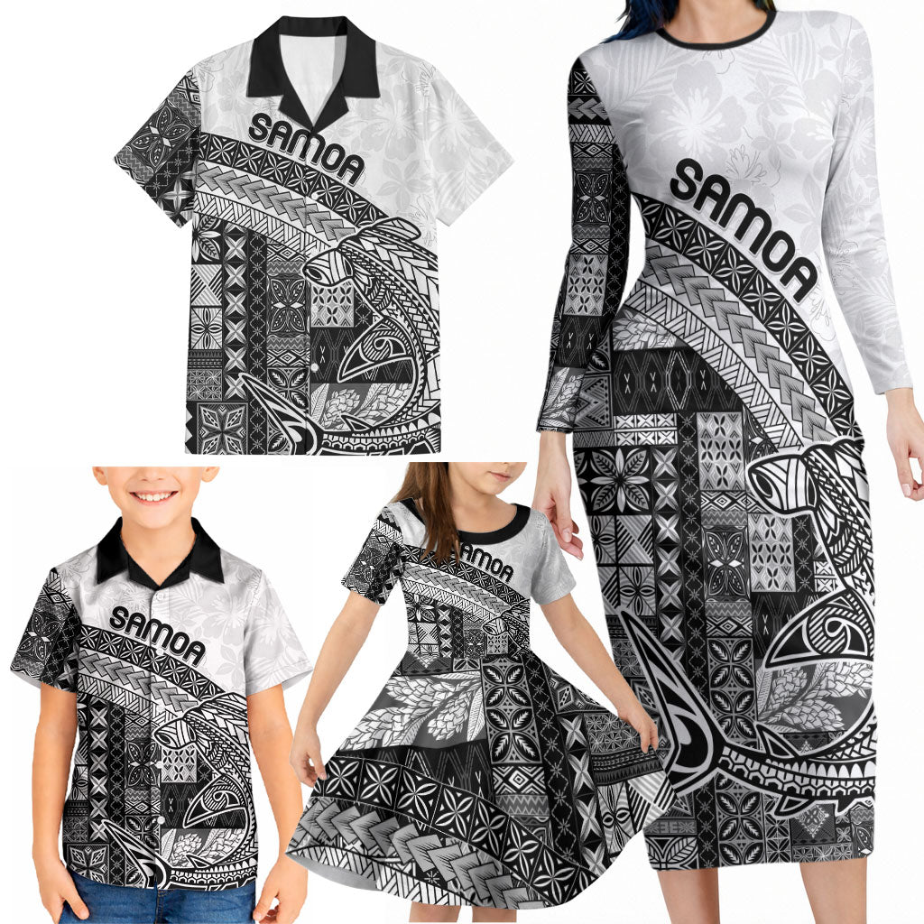 Samoa Mamanu Siapo Classic Black Family Matching Long Sleeve Bodycon Dress and Hawaiian Shirt Tatau Malie LT7 - Polynesian Pride