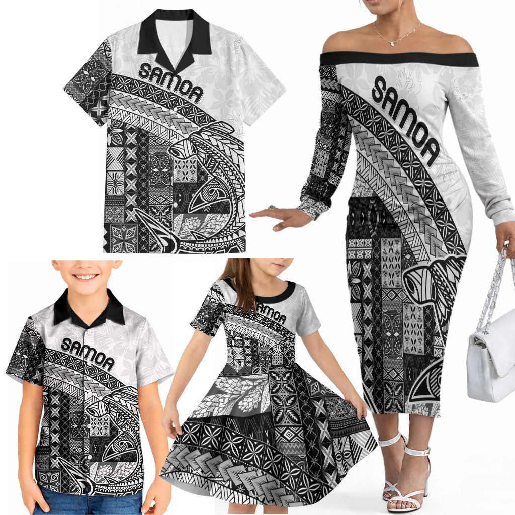 Samoa Mamanu Siapo Classic Black Family Matching Off The Shoulder Long Sleeve Dress and Hawaiian Shirt Tatau Malie LT7 - Polynesian Pride