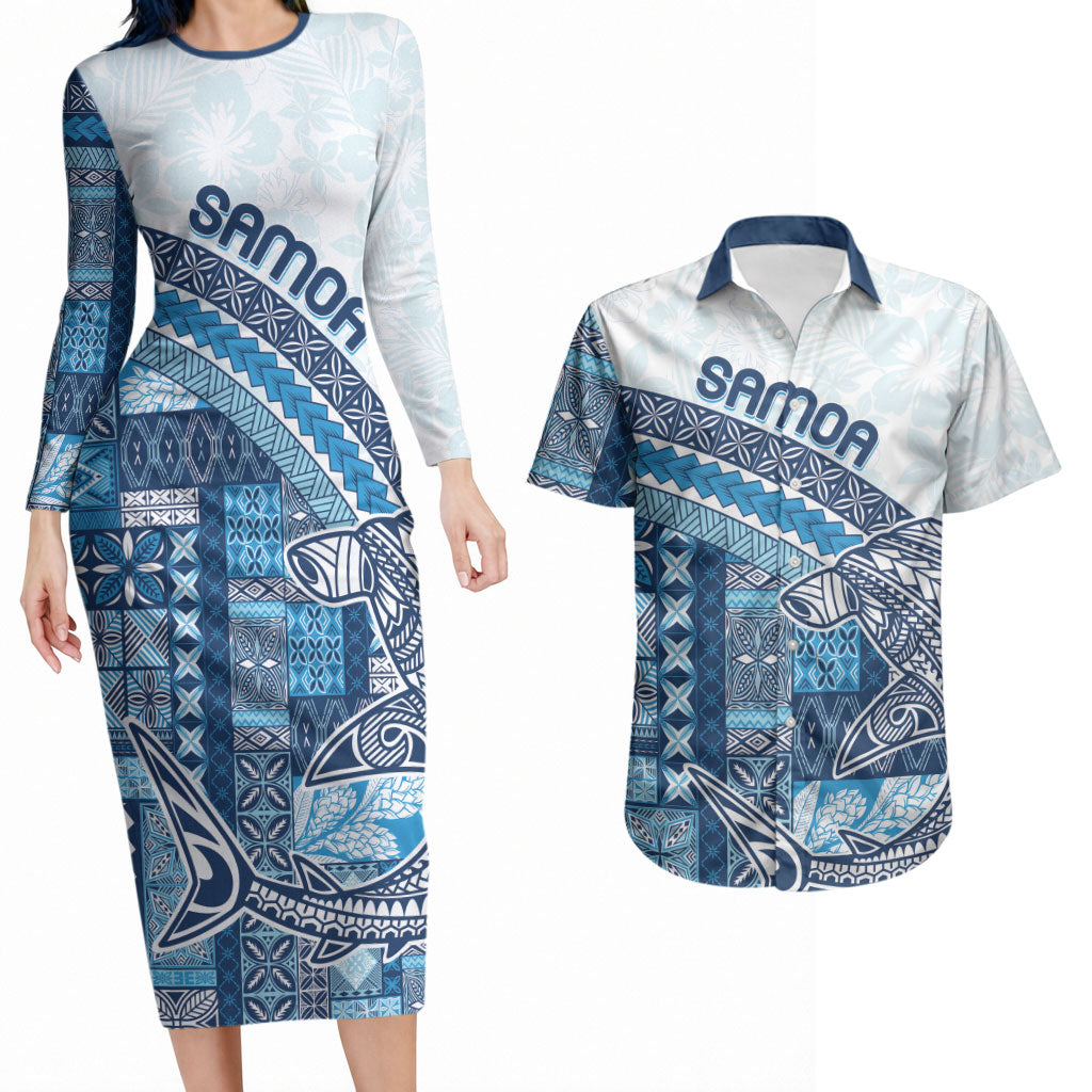 Samoa Mamanu Siapo Royal Blue Couples Matching Long Sleeve Bodycon Dress and Hawaiian Shirt Tatau Malie