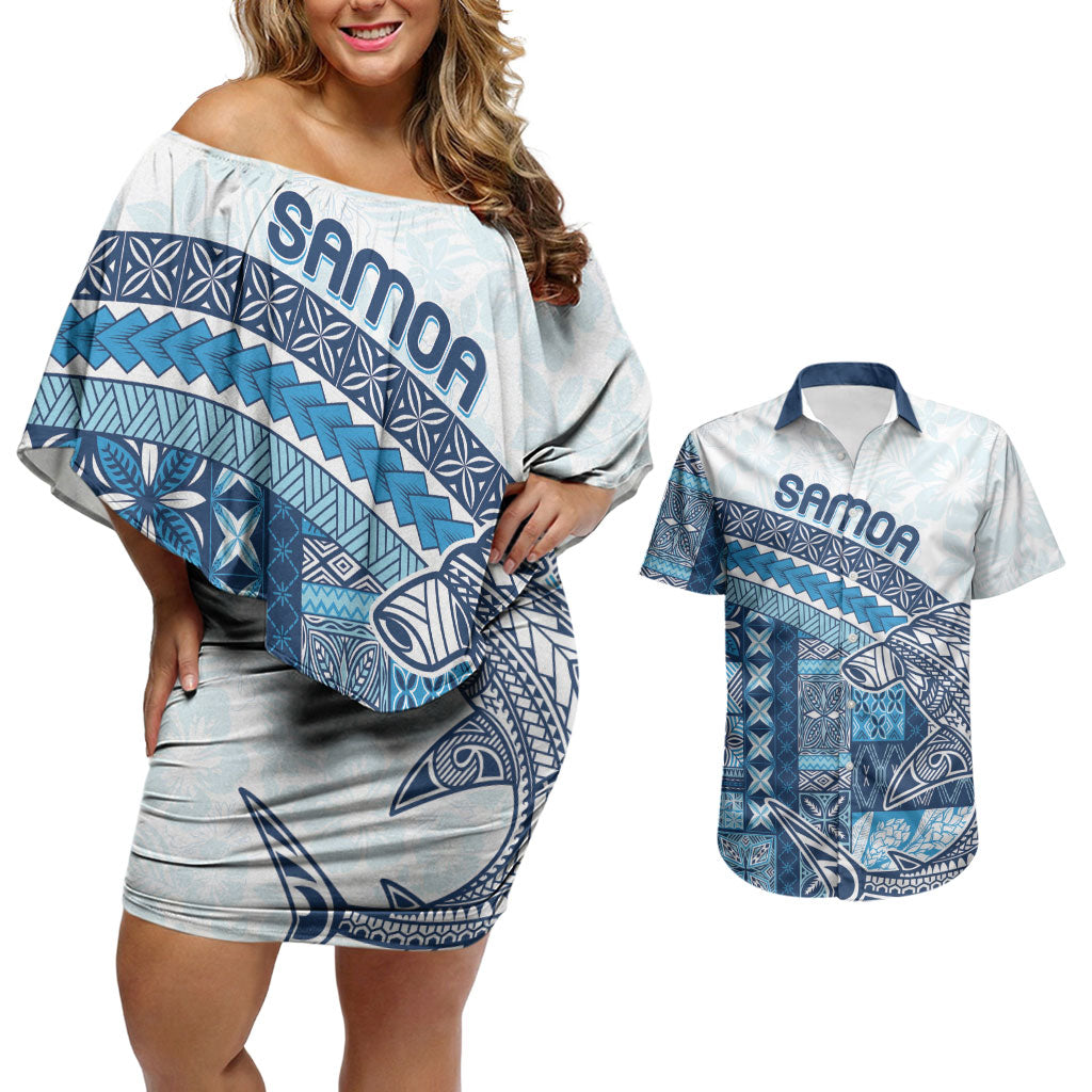 Samoa Mamanu Siapo Royal Blue Couples Matching Off Shoulder Short Dress and Hawaiian Shirt Tatau Malie
