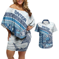 Samoa Mamanu Siapo Royal Blue Couples Matching Off Shoulder Short Dress and Hawaiian Shirt Tatau Malie