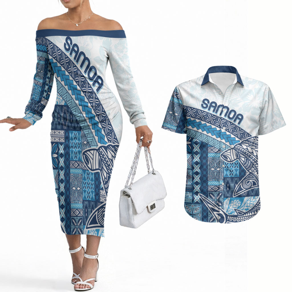 Samoa Mamanu Siapo Royal Blue Couples Matching Off The Shoulder Long Sleeve Dress and Hawaiian Shirt Tatau Malie LT7 Royal Blue - Polynesian Pride