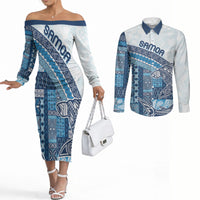Samoa Mamanu Siapo Royal Blue Couples Matching Off The Shoulder Long Sleeve Dress and Long Sleeve Button Shirt Tatau Malie