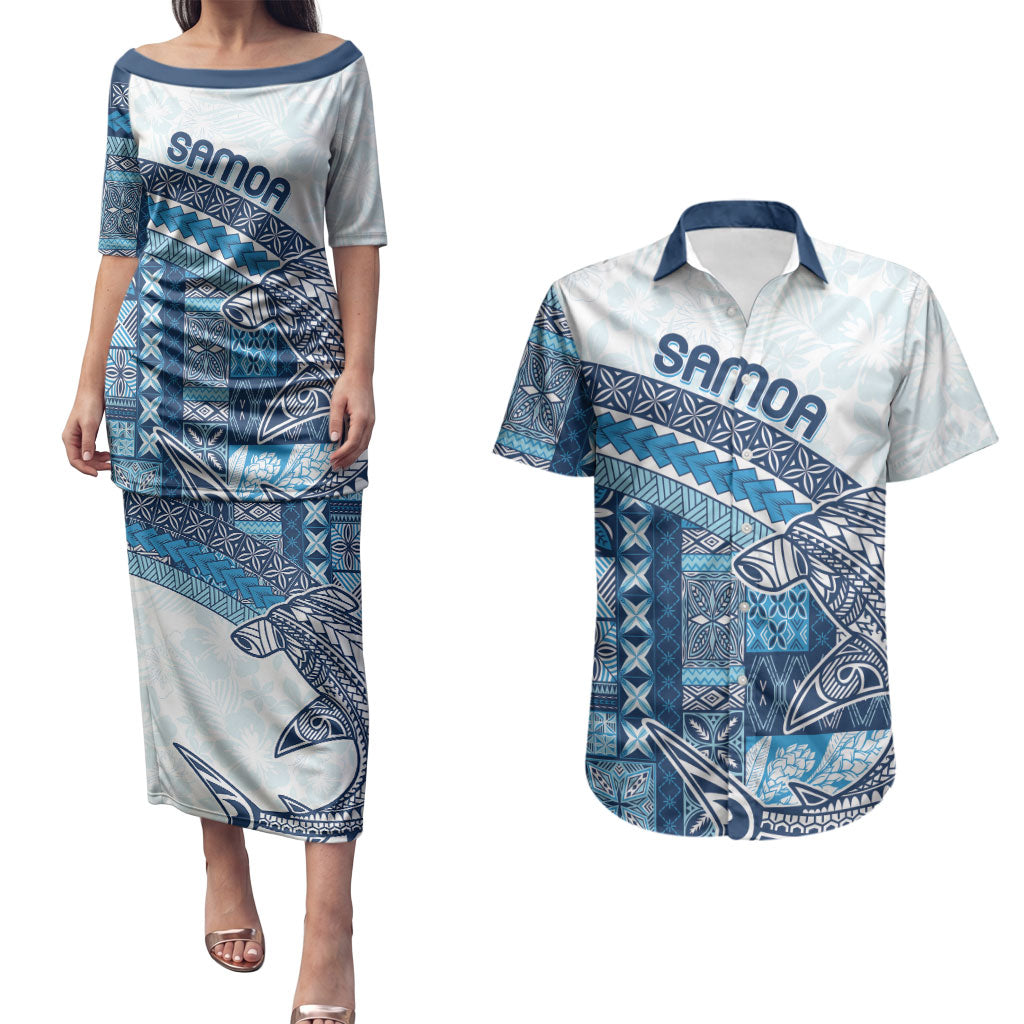 Samoa Mamanu Siapo Royal Blue Couples Matching Puletasi and Hawaiian Shirt Tatau Malie LT7 Royal Blue - Polynesian Pride