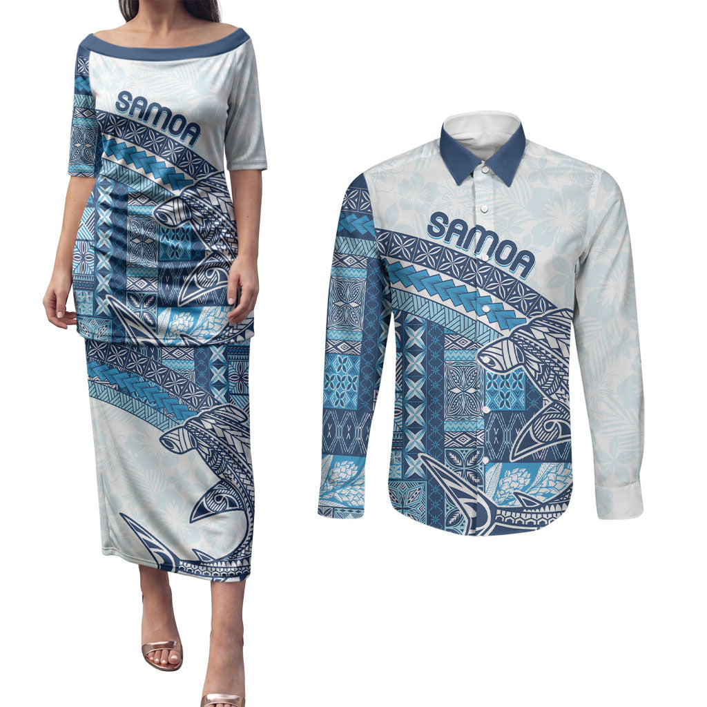 Samoa Mamanu Siapo Royal Blue Couples Matching Puletasi and Long Sleeve Button Shirt Tatau Malie
