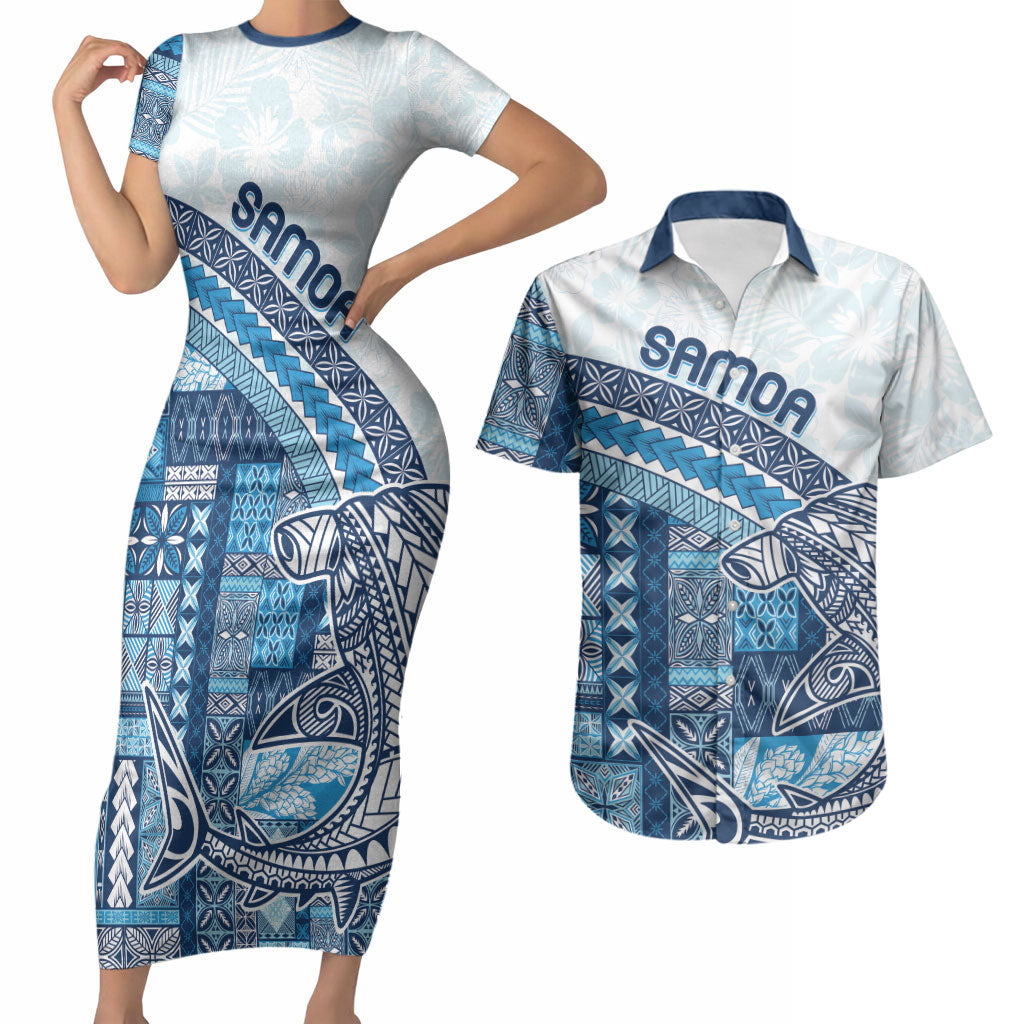 Samoa Mamanu Siapo Royal Blue Couples Matching Short Sleeve Bodycon Dress and Hawaiian Shirt Tatau Malie
