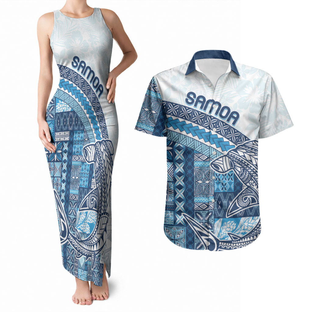Samoa Mamanu Siapo Royal Blue Couples Matching Tank Maxi Dress and Hawaiian Shirt Tatau Malie LT7 Royal Blue - Polynesian Pride