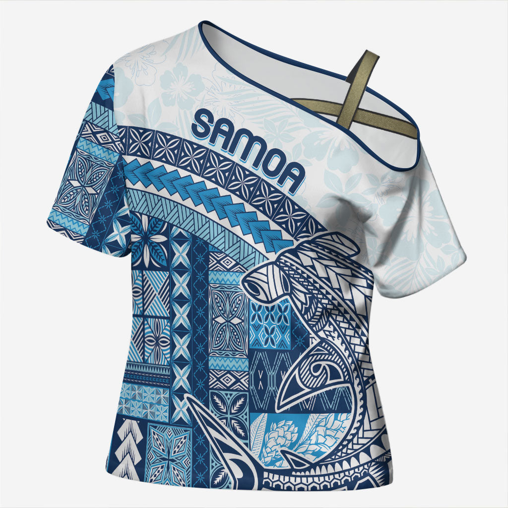 Samoa Mamanu Siapo Royal Blue Cross Shoulder Shirt Tatau Malie LT7 Female Royal Blue - Polynesian Pride