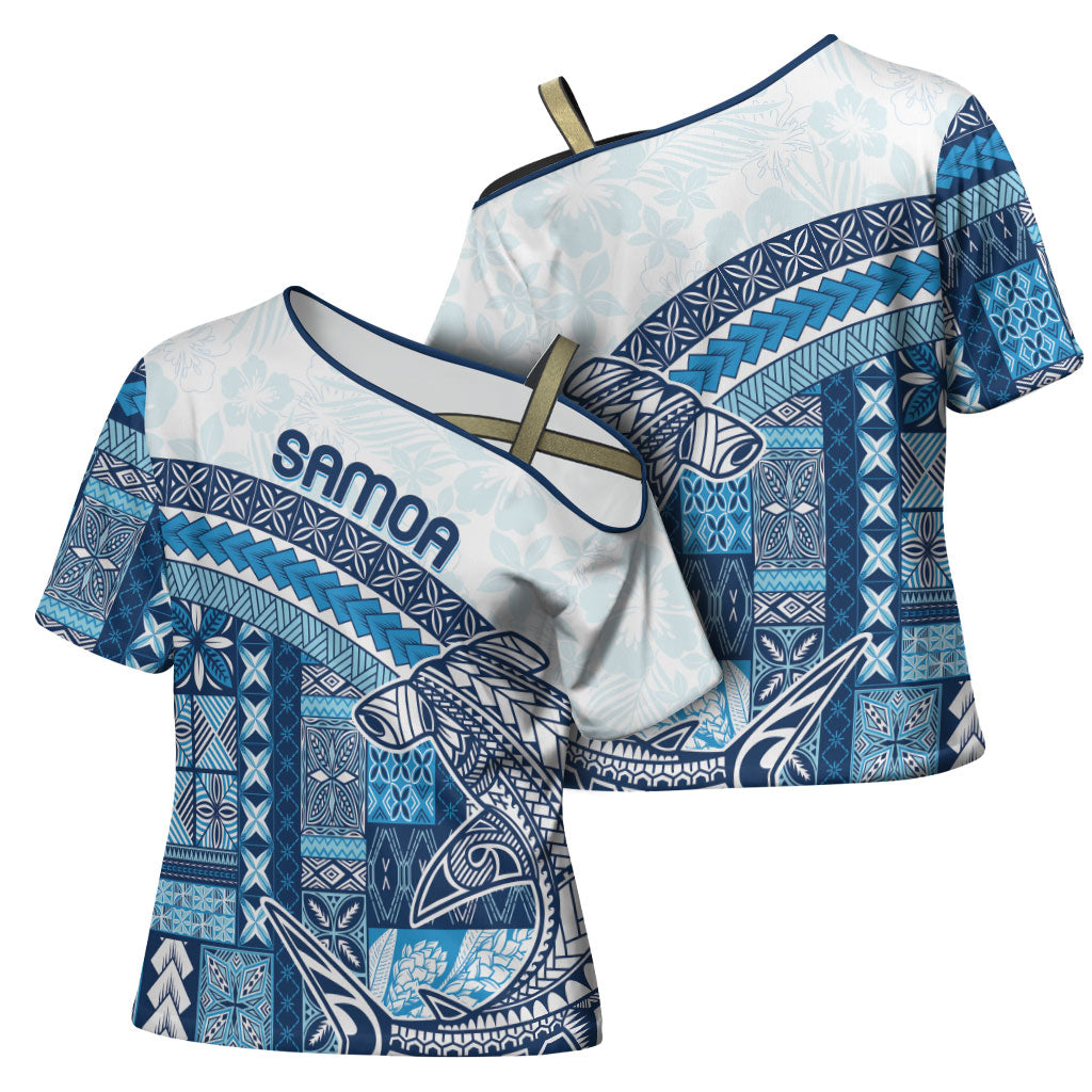 Samoa Mamanu Siapo Royal Blue Cross Shoulder Shirt Tatau Malie