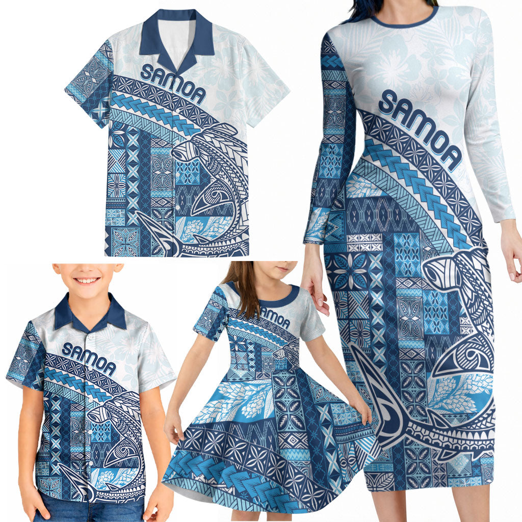 Samoa Mamanu Siapo Royal Blue Family Matching Long Sleeve Bodycon Dress and Hawaiian Shirt Tatau Malie LT7 - Polynesian Pride