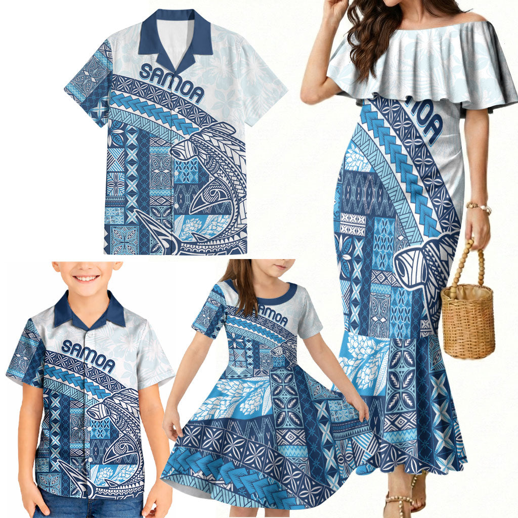 Samoa Mamanu Siapo Royal Blue Family Matching Mermaid Dress and Hawaiian Shirt Tatau Malie
