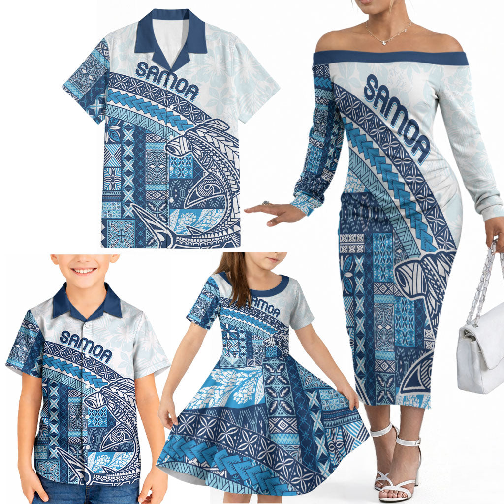 Samoa Mamanu Siapo Royal Blue Family Matching Off The Shoulder Long Sleeve Dress and Hawaiian Shirt Tatau Malie