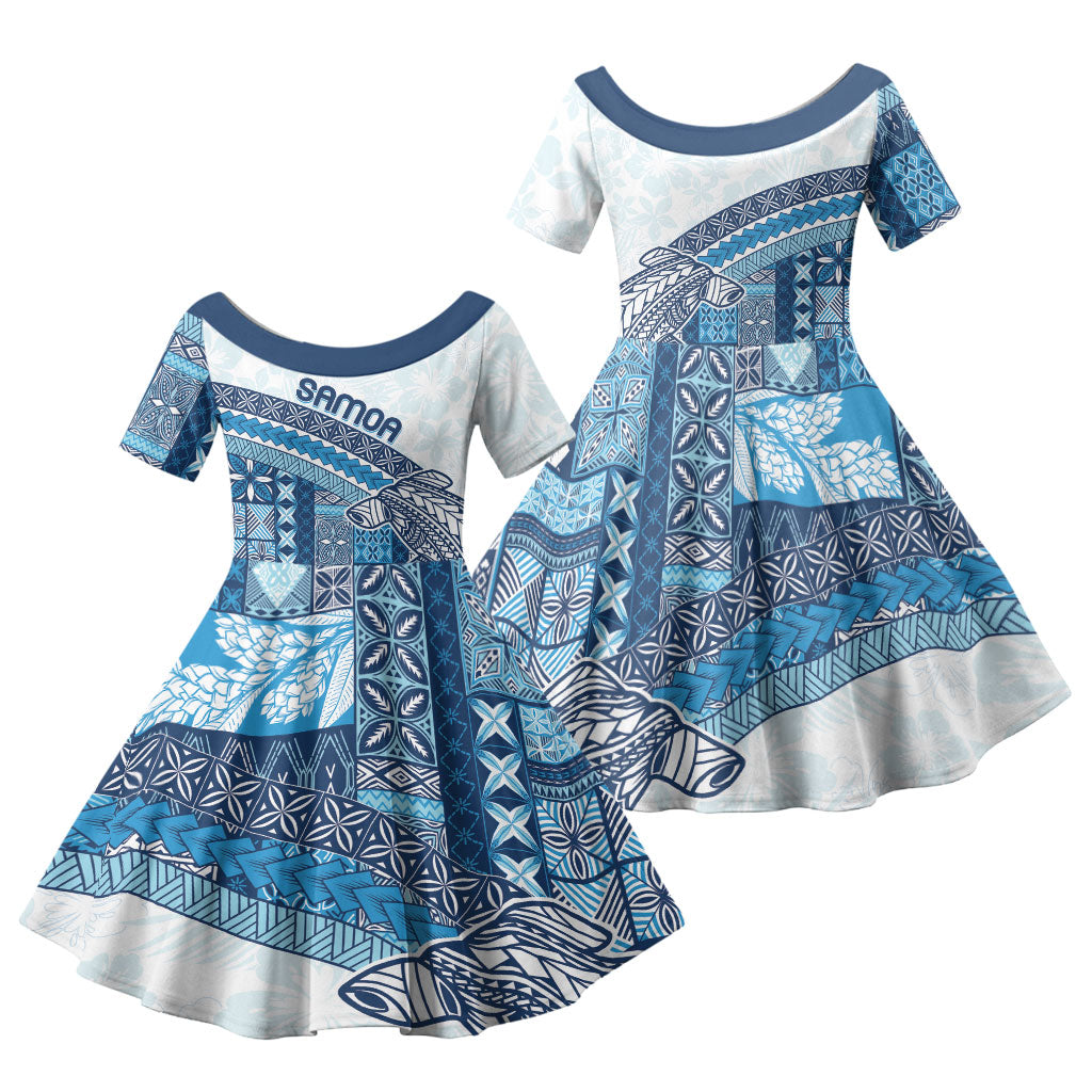 Samoa Mamanu Siapo Royal Blue Family Matching Off The Shoulder Long Sleeve Dress and Hawaiian Shirt Tatau Malie
