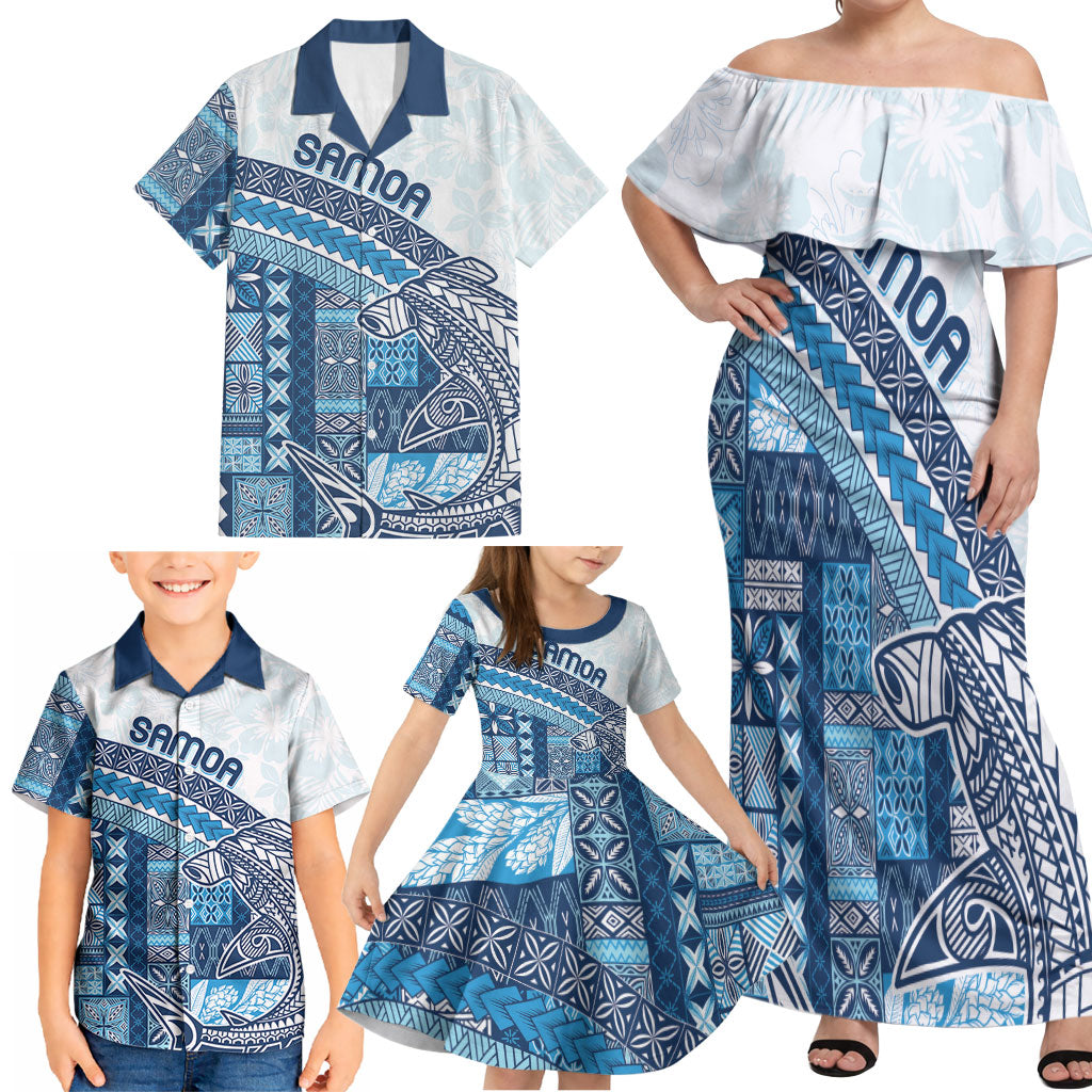Samoa Mamanu Siapo Royal Blue Family Matching Off Shoulder Maxi Dress and Hawaiian Shirt Tatau Malie LT7 - Polynesian Pride