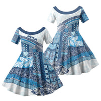 Samoa Mamanu Siapo Royal Blue Family Matching Off Shoulder Maxi Dress and Hawaiian Shirt Tatau Malie