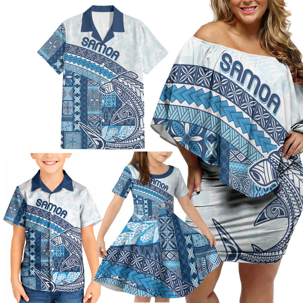 Samoa Mamanu Siapo Royal Blue Family Matching Off Shoulder Short Dress and Hawaiian Shirt Tatau Malie LT7 - Polynesian Pride