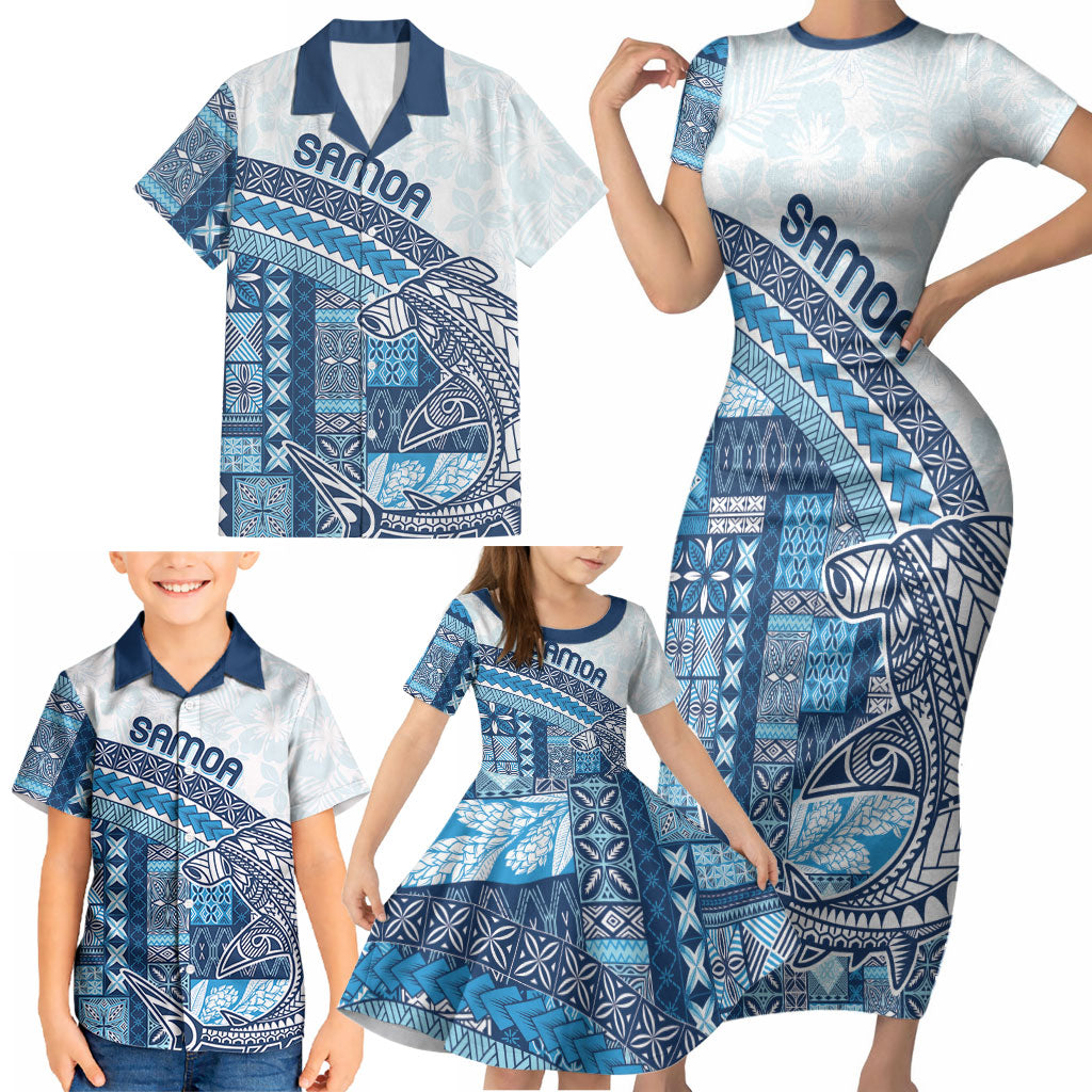 Samoa Mamanu Siapo Royal Blue Family Matching Short Sleeve Bodycon Dress and Hawaiian Shirt Tatau Malie