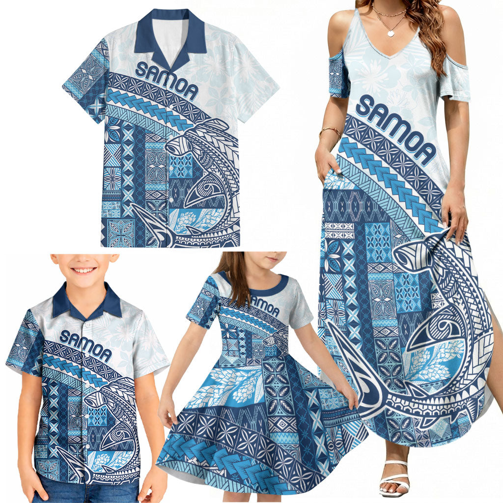Samoa Mamanu Siapo Royal Blue Family Matching Summer Maxi Dress and Hawaiian Shirt Tatau Malie LT7 - Polynesian Pride