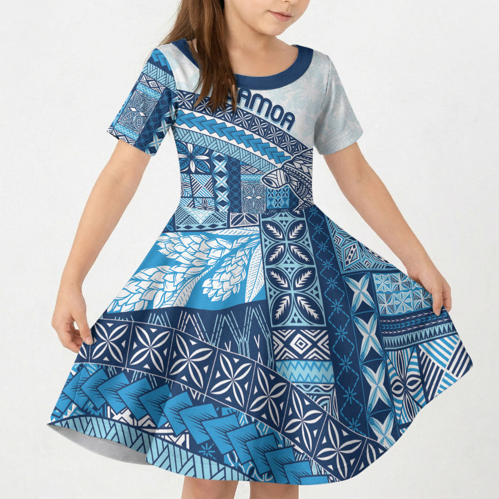 Samoa Mamanu Siapo Royal Blue Kid Short Sleeve Dress Tatau Malie