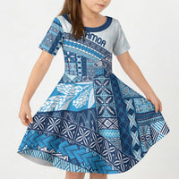 Samoa Mamanu Siapo Royal Blue Kid Short Sleeve Dress Tatau Malie